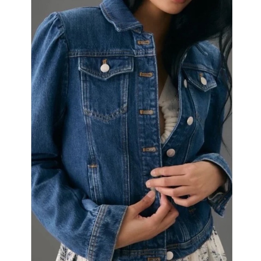 Pilcro Denim Jacket Blue Puff-Sleeve Button-Up Cropped Medium - Picture 2 of 12